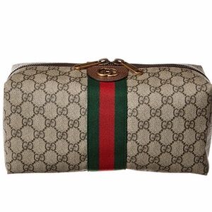 Gucci Beige Canvas Cosmetic Bag with Gold and Red Accents